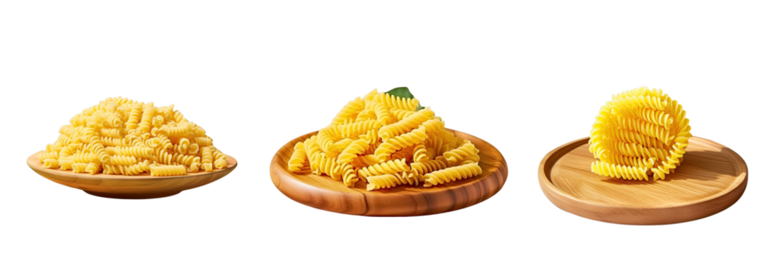 Png Set Whole yellow fusilli pasta on cutting board on bamboo coaster isolated on transparent background