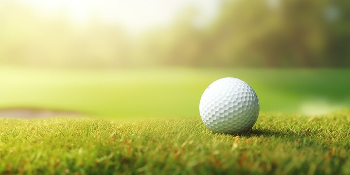 Golf ball on grass in fairway green background. Banner for advertising with copy space. Sport and athletic concept. 3D illustration rendering | Generative AI