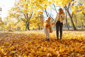 Little daughter and her mother with autumn yellow leaves have fun together in a city park in...