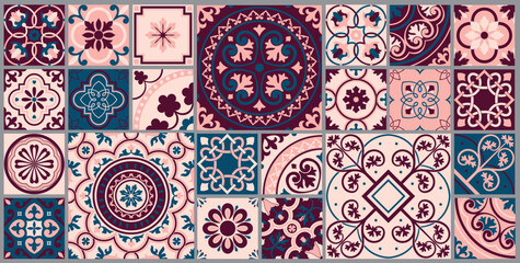 Mediterranean tile abstract geometric floral patterns. Portuguese culture, in romantic colors. Vector illustration