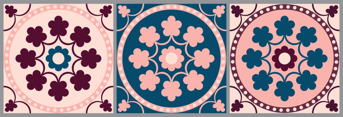 Set of blue tiles and floors. Patchwork for wallpaper. Portuguese traditional mosaic. Geometric florals. Mediterranean culture. Spanish majolica tile pattern. Vector illustration