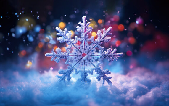 A macro photograph of snow and a snowflake in the darkness touching the surface, illuminated by the iridescent light of rainbow colors.