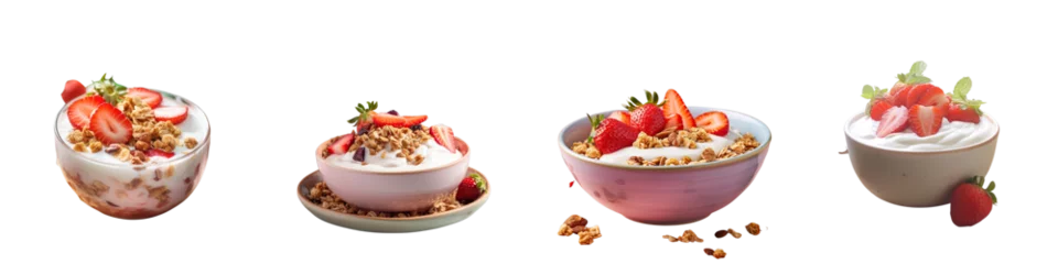 Fotobehang Png Set Strawberry and granola yogurt in a bowl transparent background © 2rogan