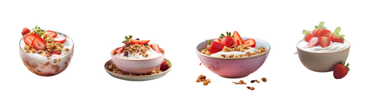 Png Set Strawberry and granola yogurt in a bowl transparent background