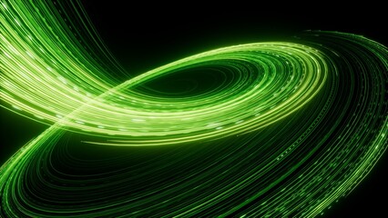 3d render. Abstract fantastic background. Green neon loop. Glowing particles streaming jet curvy trajectory