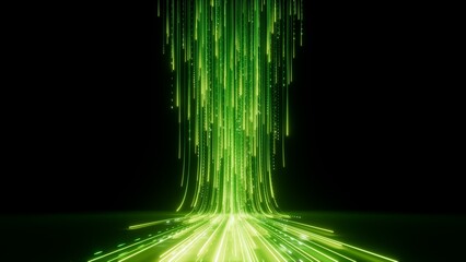 3d render, abstract wallpaper. Green neon lines over black background. Streaming energy. Particles falling down and leaving glowing tracks © NeoLeo