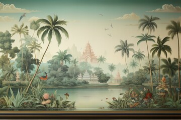 Scenic vintage wallpaper with Indian temples framed by palm trees and river banks. Generative AI