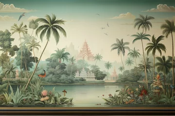 Papier Peint photo autocollant Lieu de culte Scenic vintage wallpaper with Indian temples framed by palm trees and river banks. Generative AI