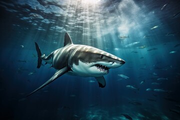 Naklejka premium Sunlit Big shark underwater sunny. Generate Ai