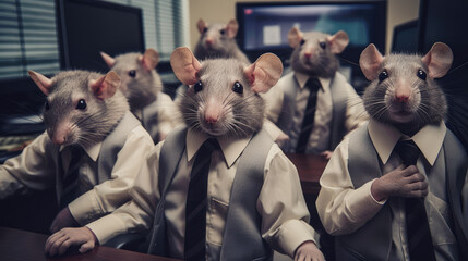 Rats in formal attire packed in an office, symbolizing the 9-to-5 grind and challenging work conditions; a visual commentary on the rat race. - obrazy, fototapety, plakaty