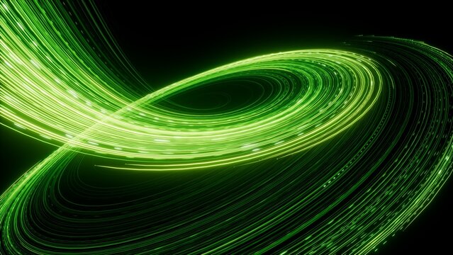 3d render. Abstract fantastic background. Green neon loop. Glowing particles streaming jet curvy trajectory - Powered by Adobe