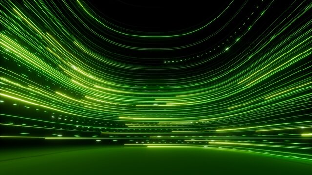 3d render, abstract wallpaper. Green neon lines over black background. Streaming energy. Particles moving and leaving glowing tracks
