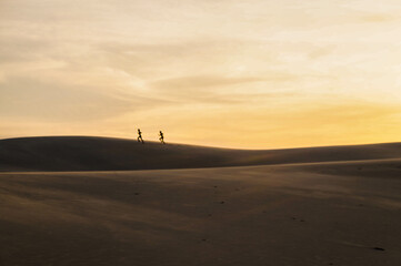 Fototapeta na wymiar two people walk in dunes