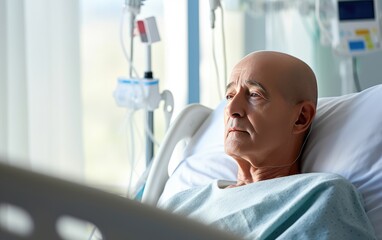 Hospital ward, portrait of an elderly man resting in bed, fully recovering from illness and successful surgery. Fatal diseases of elderly people. virus.