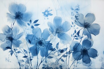 Floral cyanotype on watercolor paper. Sun printing. Generative AI
