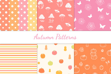 Seamless Fall Pattern Set, Pastel Fall Color, Soft Color Autumn Texture, With Mushroom, Pumpkin, Autumn Leaf