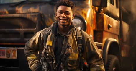 Fototapeta na wymiar African american firefighter smiling