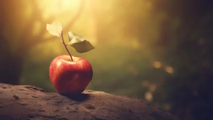 Foto op Plexiglas The original sin, the forbidden fruit. Red apple with leaf  © Faith Stock