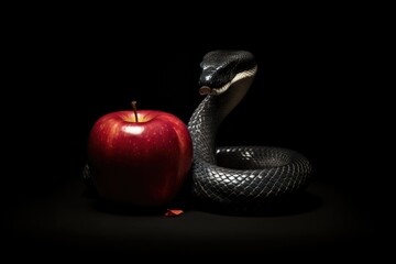 The original sin, the forbidden fruit. Red apple and snake on a black background. 