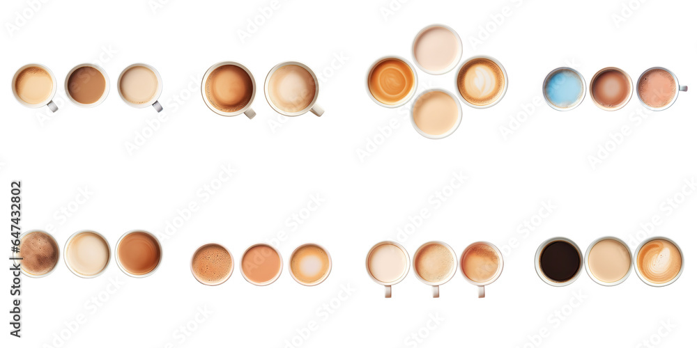 Poster png set top down view of three coffee cups with a minimalist gradient effect achieved by varying mil