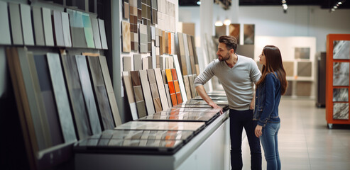 Couple looking ceramic and tiles for their new home floor - obrazy, fototapety, plakaty