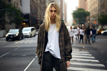 Fototapeta premium Realistic Digital Painting Candid Portrait of a Fictional Young Beautiful Woman Wearing Large Urban Grunge Clothes. Generative AI Illustration.