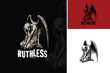 Lucifer Corpse Kneeling on font Tombstone. Dead Body Angel on Grave Silhouette. Winged Zombie Slumped Helplessly with Gothic Art Style for Shirt Illustration logo design