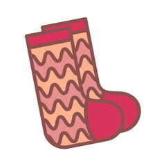 Pair of striped socks Warm clothes with a wave pattern. Color image with stroke. Knitted woolen socks for autumn and winter. Isolated item. Vector illustration.