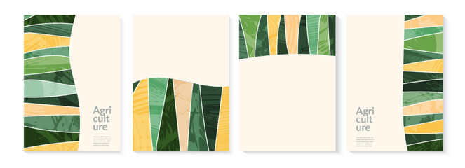 Set of abstract shapes green field from aerial view. Minimalist summer field landscape poster collection. Rural view, grunge texture. Design elements for social media post, layout, card, background