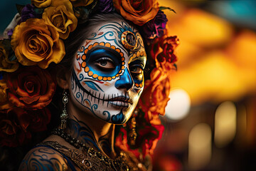 Picture of a lady with sugar skull face paint and flowers hat against a sparkling backdrop at Day of the Dead. Portrait of Calavera Catrina. Halloween attire and cosmetics. - obrazy, fototapety, plakaty