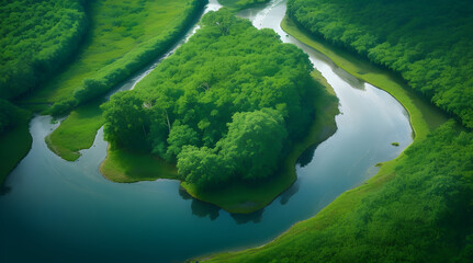 Tranquil Riverbank Amidst Lush Green Forest and Foliage.
Aerial view of serene river surrounded by lush green forest.