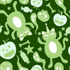 Halloween cartoon pumpkins seamless cat and skulls and ghost pattern for wrapping paper and fabrics and kids