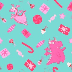 Cartoon Christmas dinosaur seamless dragon and candy and gift box and toys pattern for wrapping paper