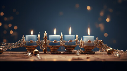 Hanukkah is a Jewish holiday of miracles, a celebration of victory in war between holiness and impurity. It is an eight-day Jewish winter holiday. candles, blur color, banner, background, copy space.