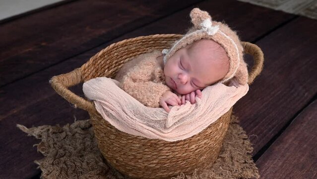 Sleeping newborn beautiful cute baby girl or boy before photo session during first week of life. 4k slow motion raw video. Happy Family concept. Small baby at wicker basket sleep in warm lamb costume