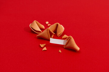 Fortune cookies on red background with deep long shadow. Blank paper for prediction words