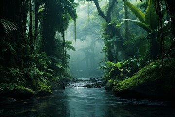 Image depicting a dense rainforest environment. Generative AI