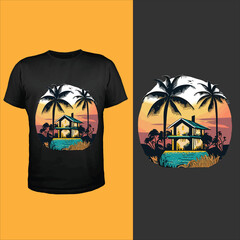 Modern black t-shirt design of the house with palm trees and a sunset