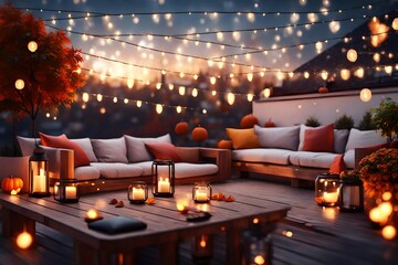 View over cozy outdoor terrace with outdoor string lights. Autumn evening on the roof terrace of a beautiful house with lanterns, digital 3d rendering