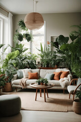 Fototapeta na wymiar Living room with lots of plants, interior design, scandinavian style. Image created using artificial intelligence.