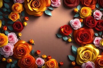 Multicolored Flower Background. Floral Wallpaper with Yellow, Orange and Red Roses. 3D Render