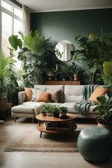 Fototapeta na wymiar Living room with lots of plants, interior design, scandinavian style. Image created using artificial intelligence.