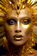 Golden Royalty: A Stunning Woman Adorned with a Crown of Gold and Lips Aglow, ai generative