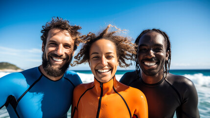 Multi ethnic smiling friends surfers on the beach on a summer day - Summer days with friends concept