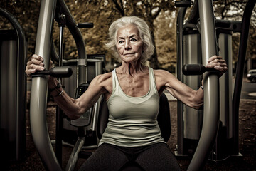 Fototapeta na wymiar Active Aging: Elderly Woman Embraces Fitness in the Park Gym, Radiating Health and Vitality, ai generative