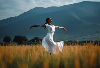Fototapeta na wymiar Twilight Ballet Serenity: Brown-Haired Dancer's Graceful Performance in a White Dress Amidst Nature, ai generative