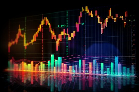 A neon-colored widescreen background displays a financial chart with a line graph and numbers in the stock market. Generative AI