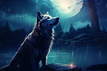 A majestic wolf letting out a cry beneath the luminous moon. Generative AI