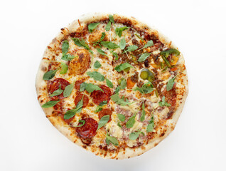 Party pizza on white background. Pizza top view.