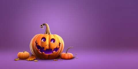Happy halloween with orange pumpkin cartoon on light purple background with space. generative ai